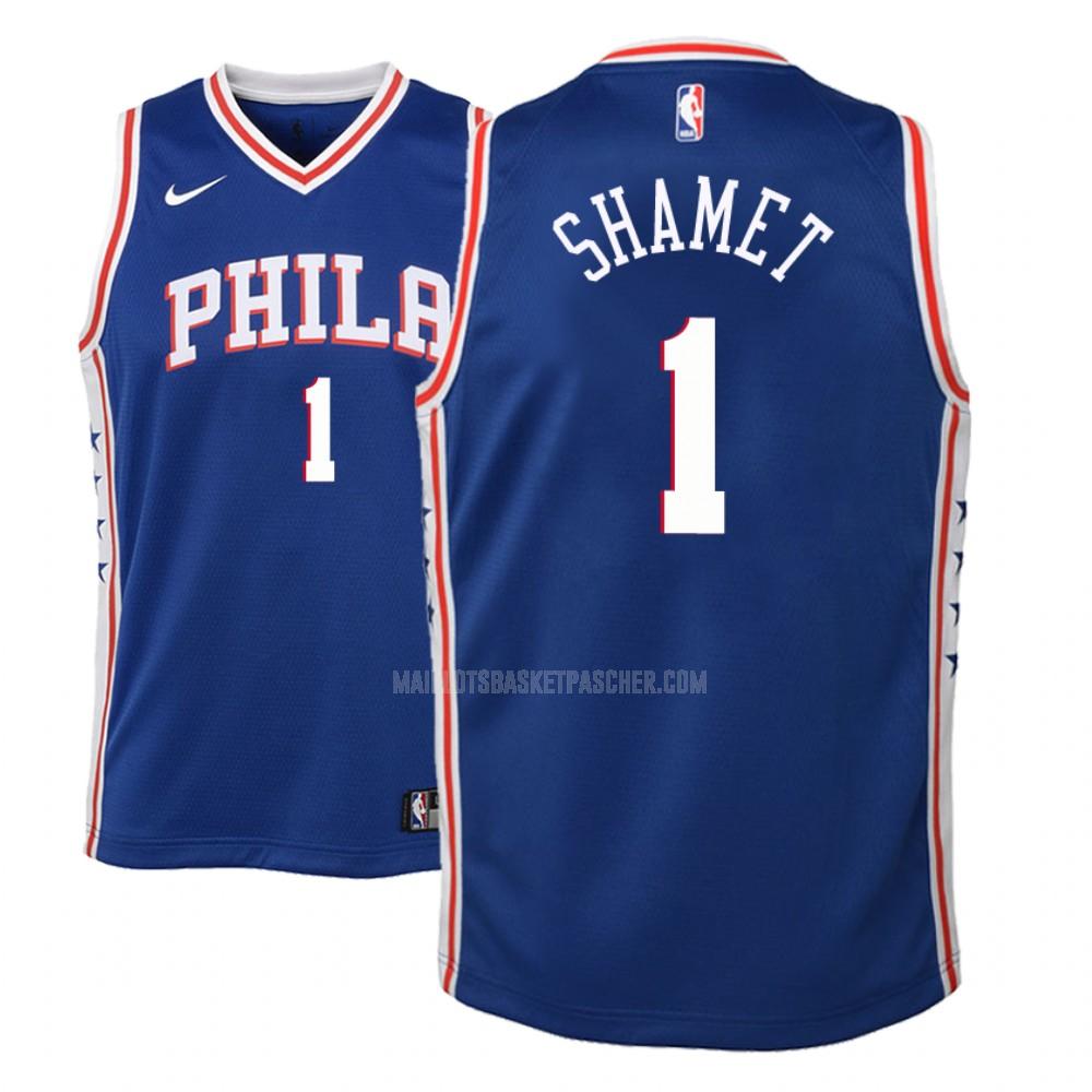maillot basket enfant de philadelphia 76ers landry shamet 1 bleu icon