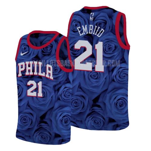 maillot basket homme de philadelphia 76ers joel embiid 21 bleu rosa